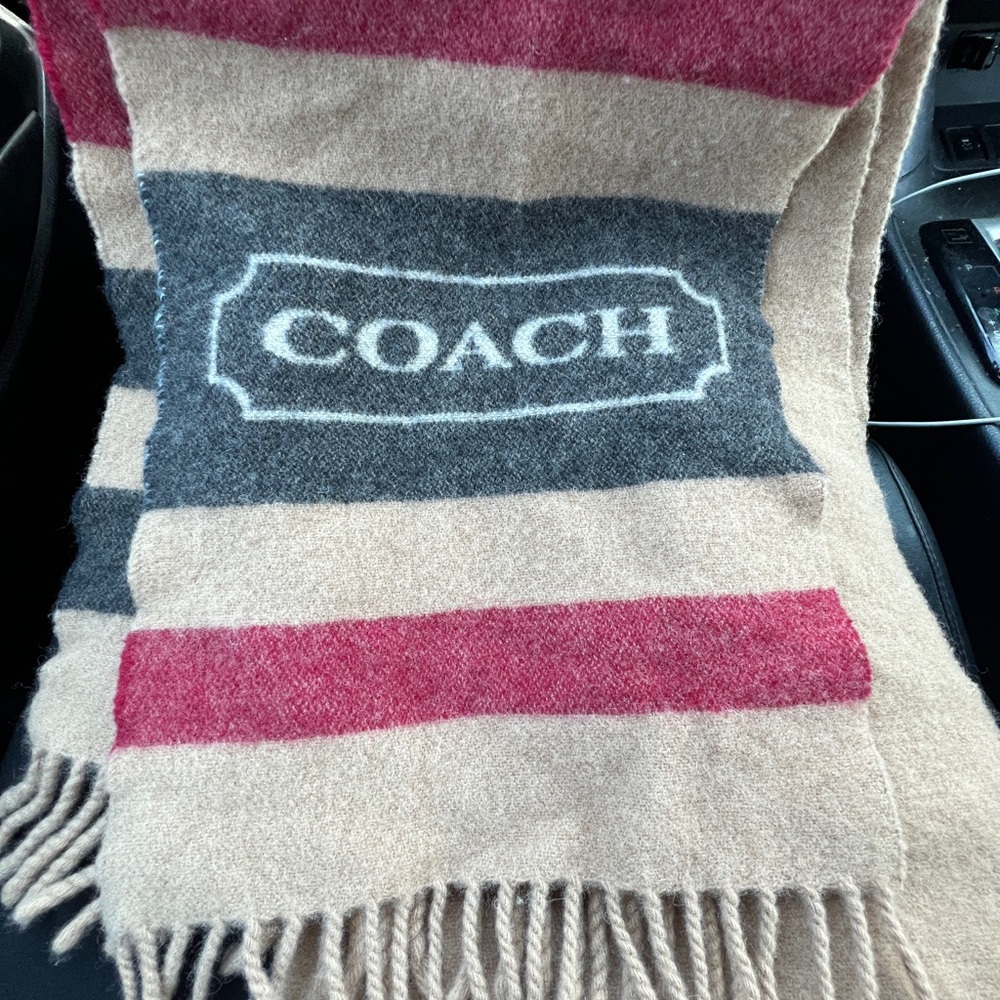 Coach Red and Gray Striped Accent Scarf